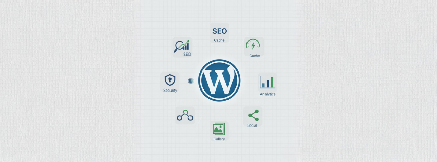Ícones representando os plugins essenciais para portfólio WordPress.
