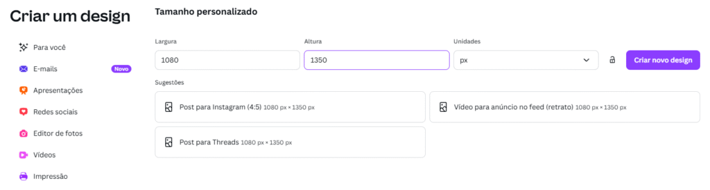 Tela de criar um novo designer no canva com tamanho personalizado.