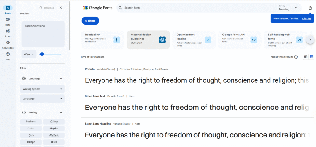 Interface do Google Fonts para baixar fontes gratuitas para Canva.