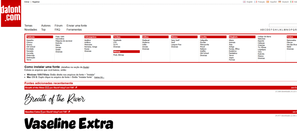 Categorias do site DaFont para encontrar fontes criativas.